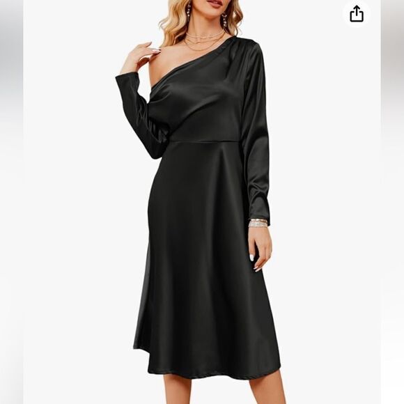 NWT JASAMBAC Satin Elegant One Shoulder Ruched Long Sleeve Wedding  Dress L - Picture 1 of 13